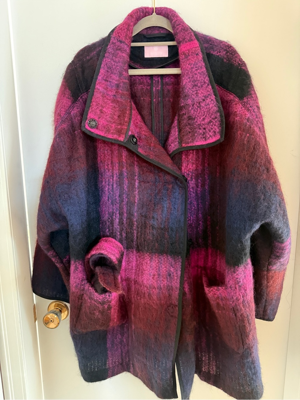 Basler Mohair Virgin Wool Plaid Oversized Coat Pink Purple Black